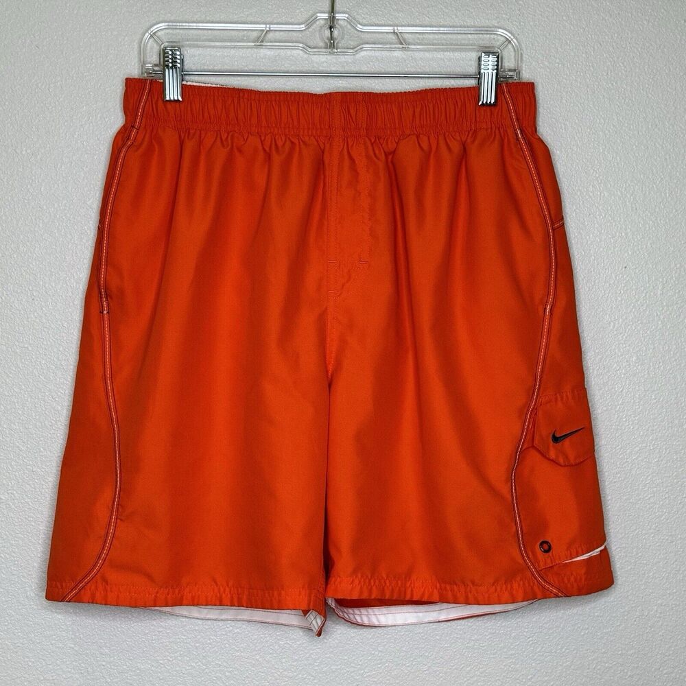 Nike Mens Swim Trunks Large Orange Elastic Drawstring Waist Pockets Mesh Lined
